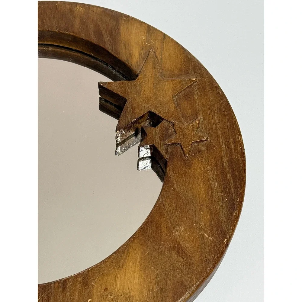 VTG Celestial Moon and Stars Round Wood Wall‎ Mirror Boho Whimsical 12